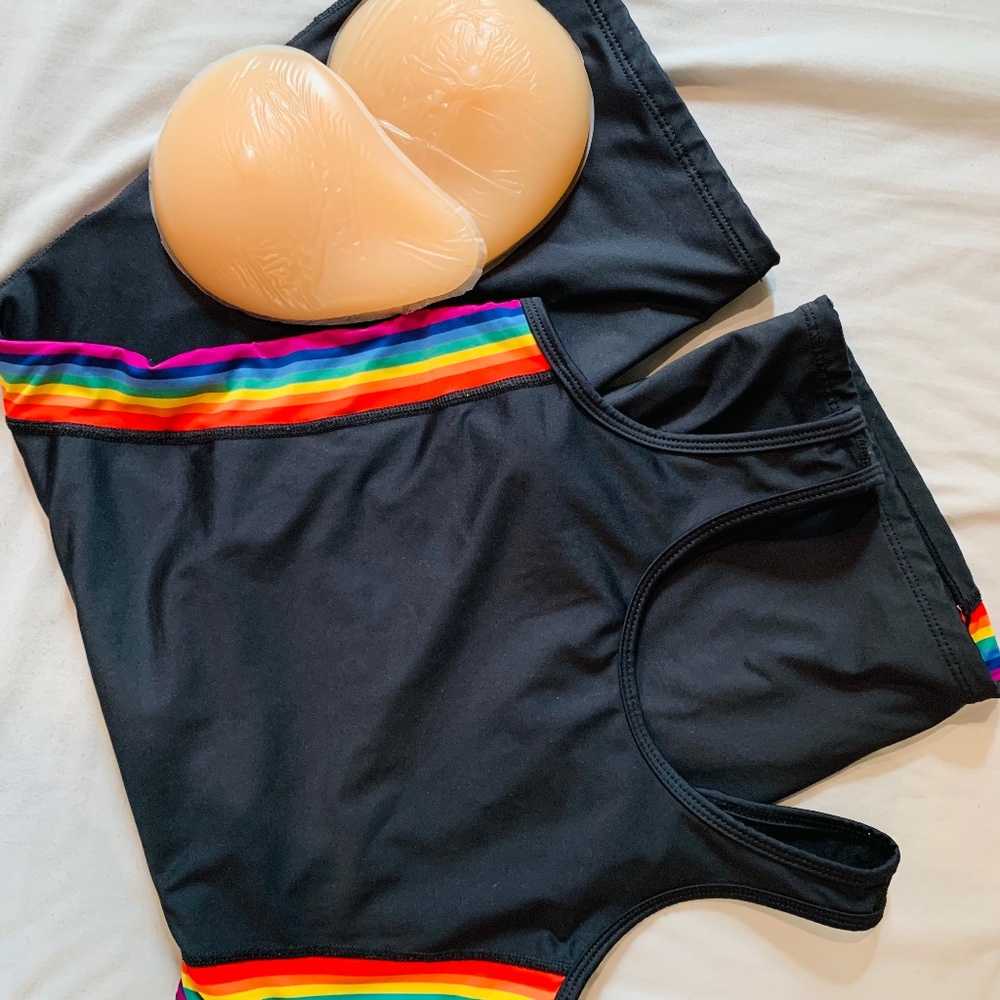 TomboyX, Medium, unisex, racerback, one-piece swimsuit, and silicone bra inserts